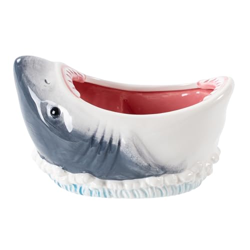 3D Shark Attack Ceramic Bowl, 40 oz Large Decorative Storage Container for Candy and Popcorn, Multi-Purpose Bowl, Blue Grey