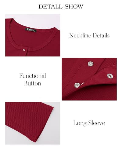 BTFBM Women Long Sleeve Shirts Fall Tops V Neck Button Up Henley Shirts Slim Fit Ribbed Knit Spring Casual T-Shirts 2026(Red,Small)