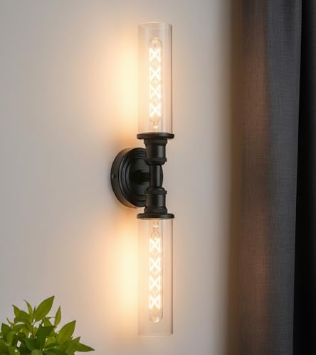 Image of Ken & Ricky Hardwired Modern 24 inch Wall Sconce,Matte Black | Clear Glass,Easy Install,Sconces Decor,1PK,Wall Light fixtures for Bathroom Mirror Living Room Hallway Bedroom