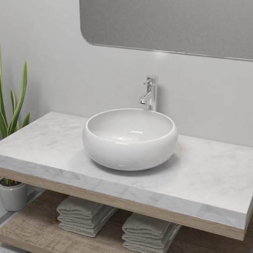 Lumanois Lavabo de Salle de Bain avec mitigeur Céramique Rond Blanc Plomberie Blanc,275495