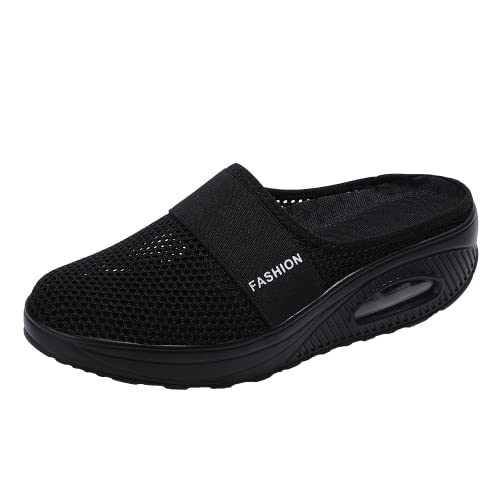 Zapatillas para Adelgazar Tamaño Zapatillas para Caminar Forma Cojín de Aire Zapatos de Aire Ligero Engrener elástico Deportes en Yoga Slip On Entrenadores en Malla Verano,Negro,EU39