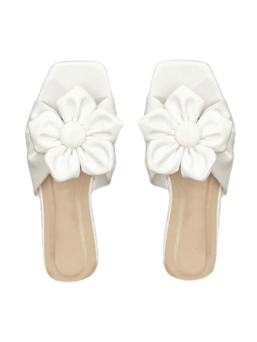 GORGLITTER Women's Flower Flat Wedding Sandals Cute Square Toe Trendy 2025 Summer Comfortable Slide
