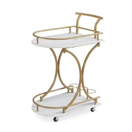 LCQSYE Carritos de Servicio Carrito de Bar de 2 Niveles, Carrito de Vino Dorado con Estante para Vino y Soporte para Copas, Carrito de Servicio de Bar móvil, para Fiesta, hogar Carrito móvil