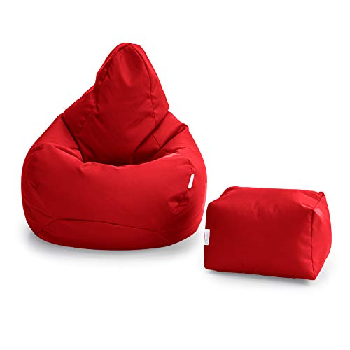 Loft 25 Puff Pera Gamer | Silla Puff Pera Para Exteriores Interiores Sala | Resistente Al Agua | Limpieza Fácil | Diseño Ergonómico Para Soporte Del Cuerpo | Durable Y Cómoda (Rojo, Puff + Reposapiés)