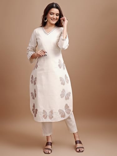 Womanista Women's Linen Solid Regular Set (Co-Ords_9120_Off White_S)