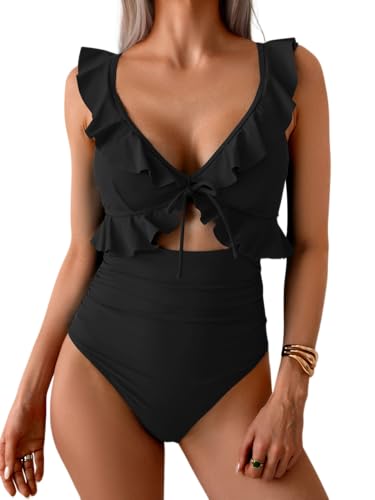 Eomenie One Piece Swimsuit for Women Tummy Control Ruffle Bathing Suit V Neck Ruched Swim Suit Slimming Cutout Swimwear