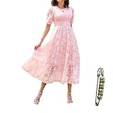 Yazinie Summer Dresses for Women 2025 Puff Sleeve Wedding Guest Floral Lace Maxi Dress Pink