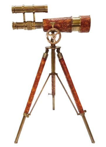 Vintage Table Decorative Brass Telescope Marine Gift Functional Instrument Collectibles Gift Item (Brass Antique + Leather)