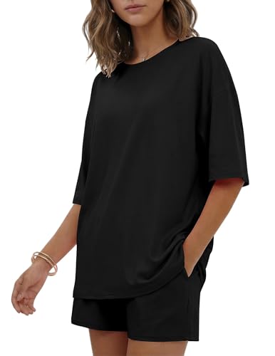 Image of Ekouaer Women's Two Piece Lounge Set Oversized Boxy T-shirt Casual Short Sets Summer Travel Matching Set 2026 Fashion