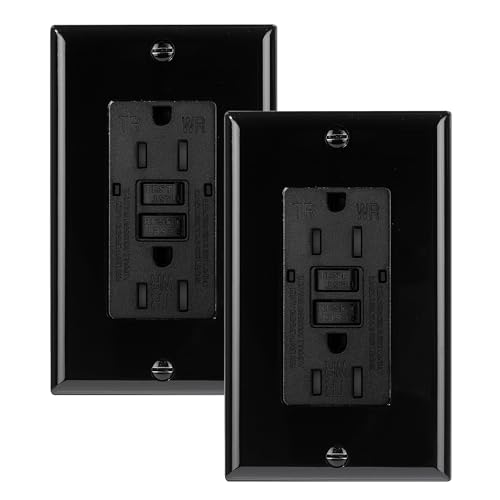 Bates- Self-Test GFCI Outlet 15 Amp 2 Pack GFI Electrical Outlet 15 Amp Black with LED Indicator and Wall Plate UV-Resistant UL Listed