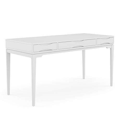 Image of SIMPLIHOME Harper Desk - 60 Inch Wide Solid Wood Writing Desk in White, Mid-Century Modern Home Office Computer Table for Workspace or Study with 2 Drawers and Flip-Down Keyboard Tray