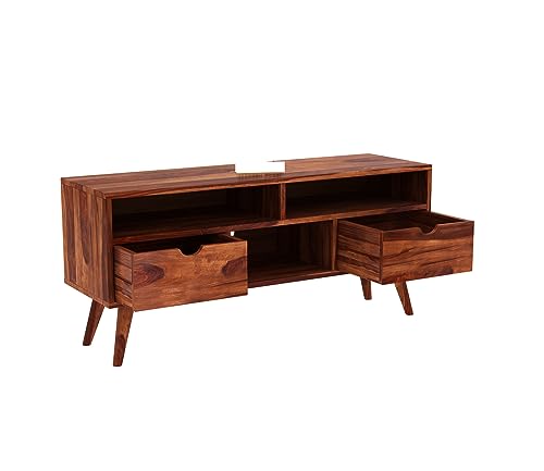 Image of Sheesham Wood TV Unit with 2 Drawers and 3-Shelf Storage - Perfect for Living Room - Fits up to 50-Inch TV (Medora, Honey Finish)