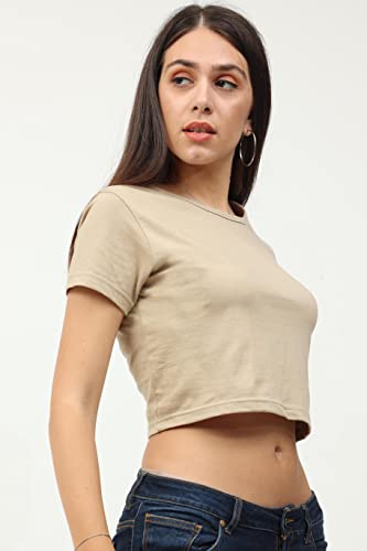 Image of FLEXIMAA Women's Cotton Plain Round Neck Half Sleeve Crop Top