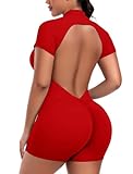 STARBILD Mujer Mono Corto Deportivo con Cremallera Mangas Cortas, Gym Jumpsuits Short Zipper Push Up, V Back Scrunch Butt Una Pieza para Pilates Yoga Fitness Gimnasio, Rojo S