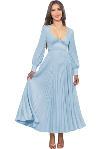 Long Sleeve Bridesmaid Dresses for Women Satin Pleated V Neck Corset Elegant Formal Party Dress