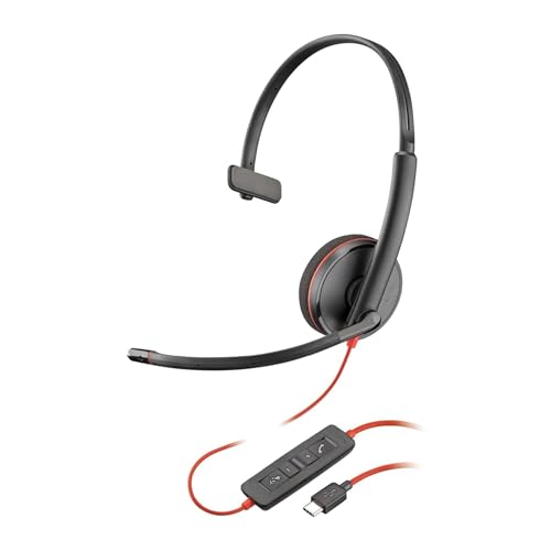 Auricular Poly Blackwire 3210 con cable   Micrófono con cancelación de ruido   Diseño monoaural   Conexión a PC/Mac mediante USB C o USB A   Funciona con Teams y Zoom