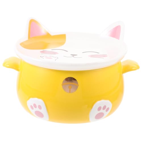 セット かわいい猫のインスタントラーメン丼 大容量 陶器蓋付き弁当箱(猫丼(粉)) セット 猫ラーメン丼 ラーメン鍋 中華ラーメン丼 めんつゆ セラ Yellow 黄色