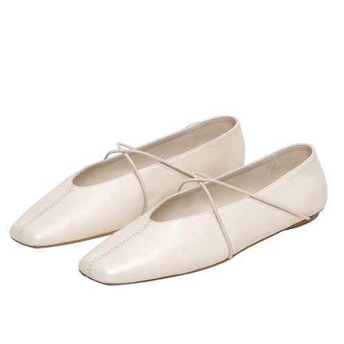 Women's Square Toe Ballet Flats Criss-Cross Straps Comfortable Slip On Mary Jane Flat Shoes for Office Work Casual 6 Cream