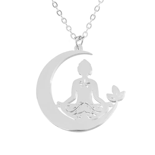 Only faith Collar Luna Creciente Con Buda Acero Inoxidable colgantes amuletos. Talismán protección, Geometría sagrada, (Buda Luna Creciente Plateado)