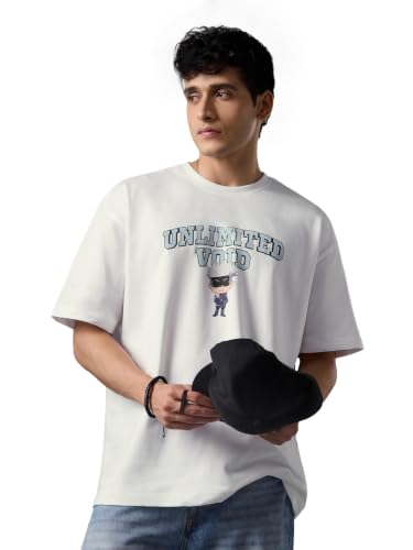 Image of The Souled Store Jujutsu Kaisen: Satoru Gojo Men and Boys Short Sleeves Round Neck Purple Graphic Printed Cotton Oversized Drop Shoulder Anime Streetwear Casual T-Shirts