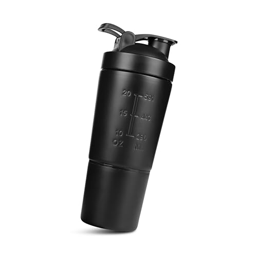 Image of Stainless Steel Shaker Bottle for Protein, 590ml Water Bottle with Extra Compartment | Leak-Proof, BPA-Free, Durable, and Multi-Functional for Protein Shakes (Black)