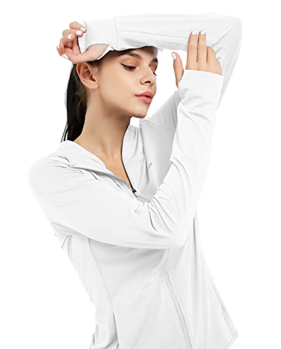 Dpowien Women's Athletic Jacket Lightweight Long Sleeve Upf 50+ Hiking Shirts Full Zip Sun Protection Hoodie With Pockets White #TOP1