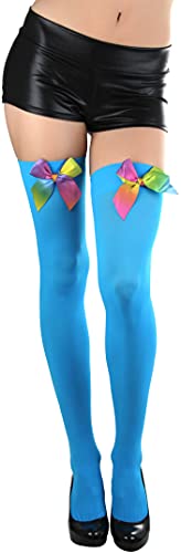 Image of ToBeInStyle Women's Opaque Long Thigh High Stockings w /Decorative Front Satin Bow