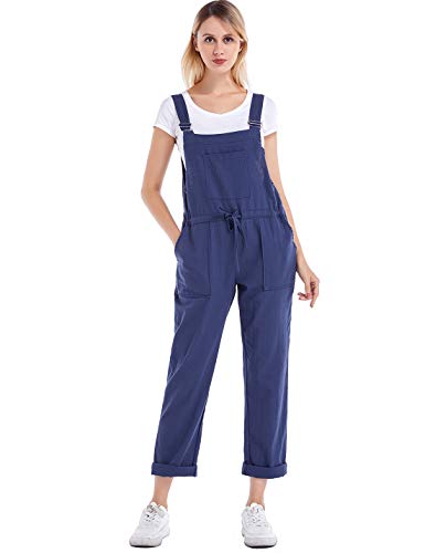 Yeokou Women's Casual Loose Baggy Cotton Linen Jumpsuit Overalls with Pockets?NavyBlue-M?