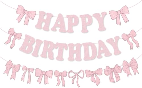 Happy Birthday Guirnalda, rosa Happy Birthday Banner, laço rosa Happys Birthdays decoração, decoração de aniversário rosa com laço, rosas bandeira feliz aniversário, faixa feliz aniversário