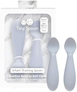 Ezpz Tiny Spoon - 100% Food Grade Silicone Self Feeding Spoon for Baby Led Weaning + Purees - Designed by a Pediatric Feeding Specialist - Sensory Bumps - Set of 2 Dip Spoons for 6 Months+ (Pewter)