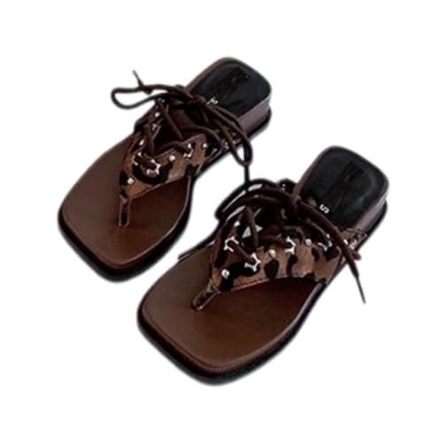 ZQW Women's Leopard Thong Sandals Studs Ankle Strap Low Heel Flip Flops Y2K Punk Edgy Open Toe Beach Slides Summer - Main Image