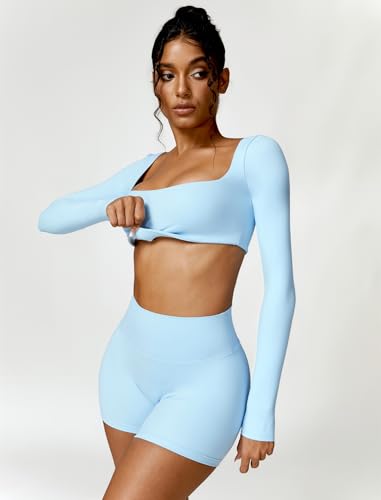 Image of ABOCIW Women Square Neck Long Sleeve Workout Crop Top Low Medium Impact Athletic Yoga Gym Shirts with Built in Bra(ONLY TOP)