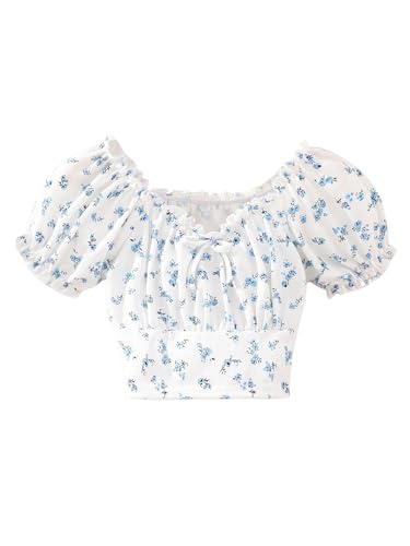 Floerns Girl's Summer Floral Puff Sleeve T Shirts Frill Trim Bow Front Crop Tops
