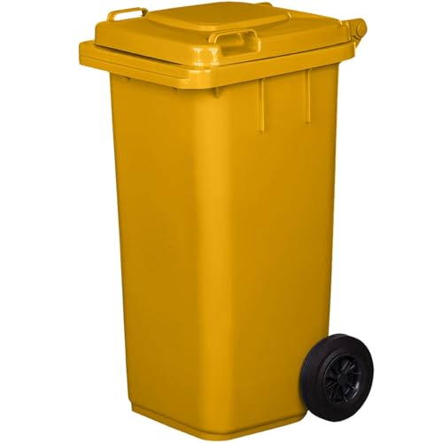 IMJ-Global - Cubo de Basura Alto Grande 120 Litros PN-EN 840 con Ruedas y Sistema de Enganche Mecánico de Recogida, Cubos de Basura de Reciclaje Contenedor Basurero en Plástico (Amarillo)