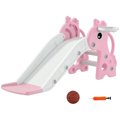 AIYAPLAY 3 in 1 Kinderrutsche, Giraffenform Kleinkinderrutsche mit Klettergerüst, Basketballkorb und Ball, Indoor Spielplatzgeräte für 1-3 Jahre, rosa