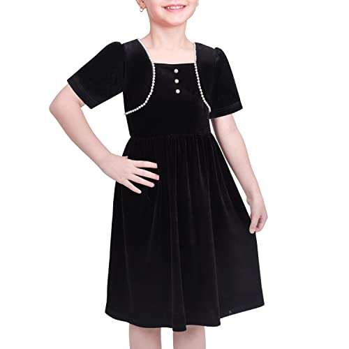 Sunny Fashion Girls Dress Black Velvet Short Sleeve Pearl Vintage Party Casual