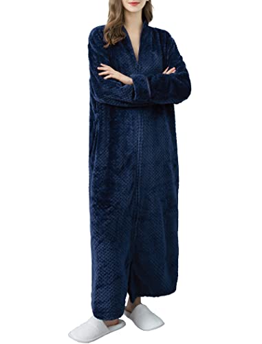 Locachy Women's Flannel Zip Warm Robe Cozy Fluffy Long Bathrobe Housecoats Nightgown Sleepwear