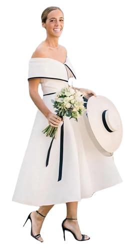 Women's Off Shoulder Vintage Wedding Dress Satin Elegant A-line Tea Length Bridal Midi Retro Gowns with Trim