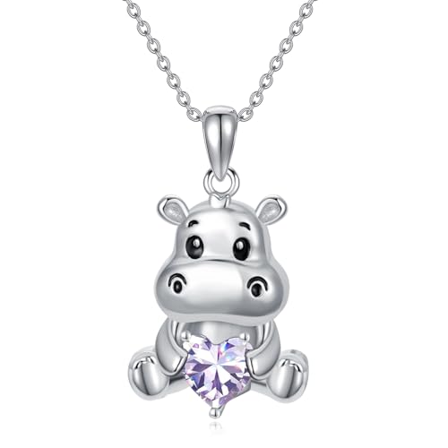Image of PROESS Animal Birthstone Necklace 925 Sterling Silver Otter /Axolotl /Hippo /Elephant /Dachshund /Monkey /Red Panda Pendant Necklace Animal Birthstone Jewelry Gifts for Women