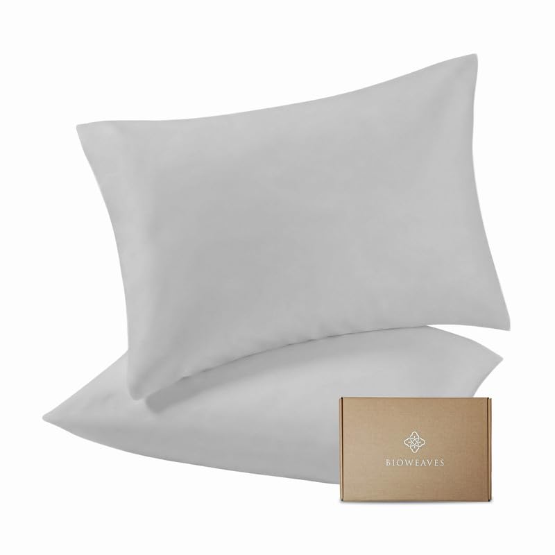 Bioweaves 100% Organic Cotton Pillow Cases - 50 x 75 cm | 300 Thread Count Luxe Sateen Weave, GOTS Certified | Standard Housewife Pillowcases with Envelope Closure | Silver, 2 Pack