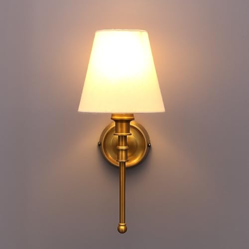 Image of AKWAY Antique Brass Finish Wall Lamps for Living Rooms with Bamboo Shade | Rattan and Cane Wall Lights for Bedroom | Wicker Wall scones - (Fabric Conical - Devika)
