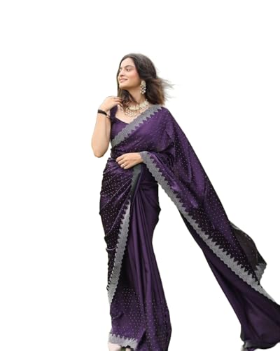 Image of Yashika Women's Hot Fix Solid Purple Color Satin Moss Saree with Unstitched Blouse Material (AZ-YS-OG1-PINTU-Parent