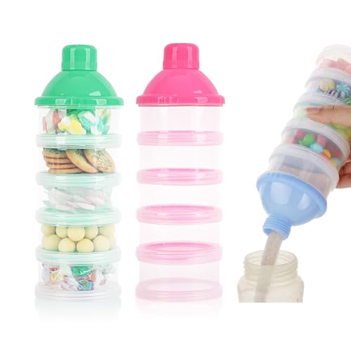 Image of 2 PCS 5 Layers Baby Milk Powder Dispenser, Milk Powder Pots, Formula Dispenser Portable Milk Powder Formula Dispenser Container Pot Box Milk Cans Snack Storage Box for Travel (Pink + Green)