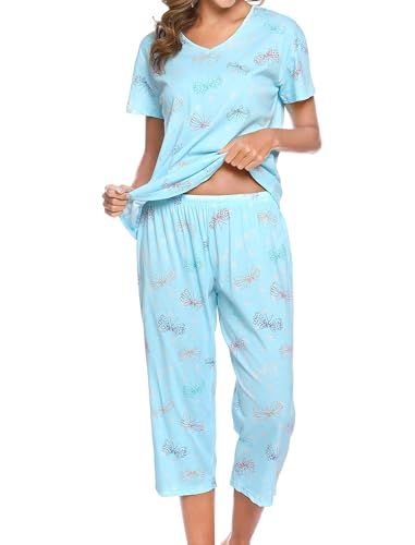 MIA LUCCE Schlafanzug Damen Zweiteiliger Pyjama Sommer Nachtwäsche Kurz Baumwolle Hausanzug Capri Sleepwear Oberteil und 3/4 Hose S-XXL
