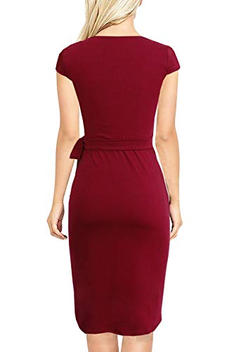 Image of Women's Vintage Cap Sleeves Asymmetrical Neckline Sheath Bodycon Casual Work Cocktail Party Pencil Faux Wrap Dresses
