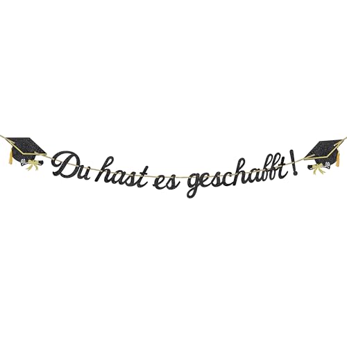 Glitzer 2026 Graduation Deko Girlande, Du hast es geschafft Abschluss Deko Banner, Bachelor Hut Hängedeko für Abitur, Bachelor und Master Graduation Abschlussparty Dekoration (Schwarz D)