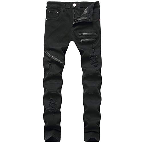 Kaxiya2021 Men's Zipper Distressed Jeans Ripped Straight Skinny Slim Biker Denim Pants Hip Hop Holes Fashion Jean Trousers