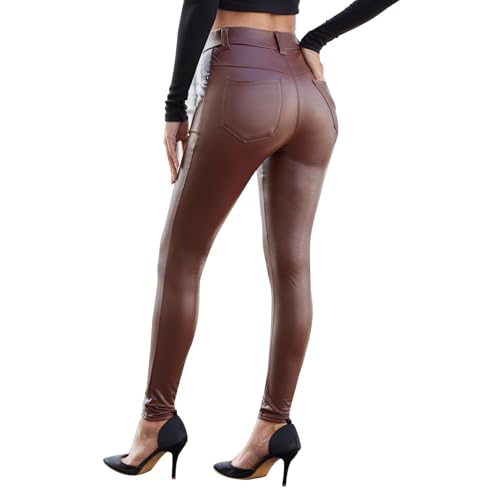 North Bund Leggings térmicos de piel sintética para mujer, cintura alta, pantalones de invierno, mallas de piel, pantalones sexi, elásticos, cintura alta, push up, tallas S XXL, marrón, S