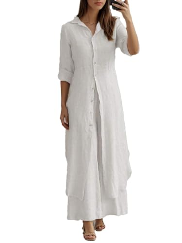 MINTLIMIT Womens Linen Sets 2 Piece Long Sleeve Button Down