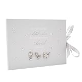 Happy Homewares Twinkle Twinkle Baby Shower Keepsake Guest Book with Silver Plated and Diamante Rattle Pram and Booties | Faux Silk Ribbon